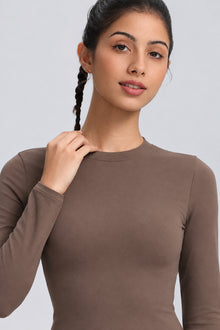 SecondSkin Long-Sleeve Training Top — close-up of the brown crew neckline