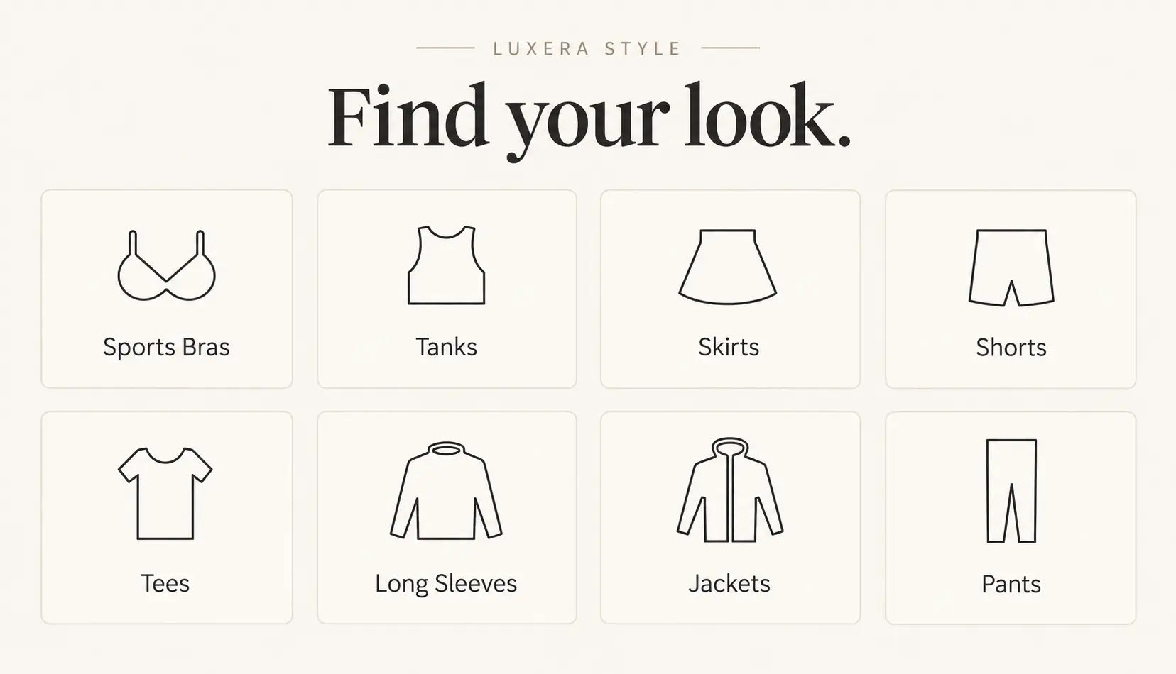 Category guide: sports bras, tanks, skirts, shorts, tees, long sleeves, jackets and pants.